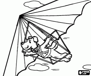 desenho de Cachorro voando uma asa delta, o piloto � suspenso por cintos de seguran�a do dispositivo sem motor para colorir
