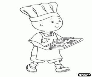 desenho de Caillou ajudando na cozinha com seu chap�u de chef e preparando biscoitos para colorir