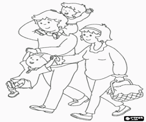 desenho de Caillou de passeio com sua fam�lia, seu pai Boris com a sua irm� Rosie sobre seus ombros e sua m�e Doris para colorir
