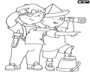 desenho de Caillou e Leo jogando a os piratas e procurando o tesouro com o mapa para colorir