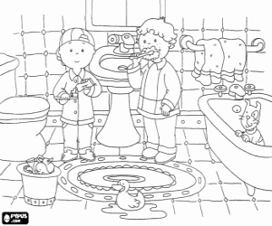 desenho de Caillou e seu amigo Leo escovando os dentes no banheiro para colorir