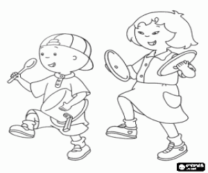 desenho de Caillou e sua amiga Sara jogando em fazer m�sica com panelas para colorir