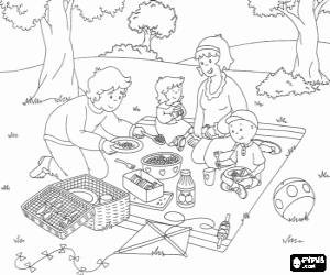desenho de Caillou e sua fam�lia fazendo um piquenique no campo para colorir