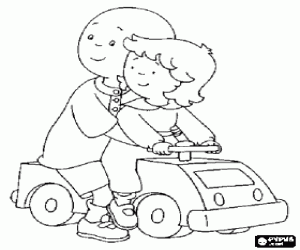 desenho de Caillou montado em um pequeno carro de brinquedo juntamente com sua irm� Rosie para colorir
