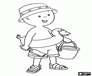 desenho de Caillou na praia com um chap�u, uma b�ia, um balde e uma p� para brincar com areia para colorir