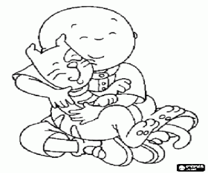 desenho de Caillou sentado no ch�o e abra�ando o seu gato Gilbert para colorir