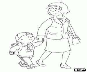 desenho de Caillou vai para a escola com sua mochila e na m�o de sua m�e para colorir