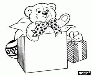desenho de Caixas de presente de Natal com um urso de peluche com a cabe�a para fora de uma das caixas e uma bola para colorir