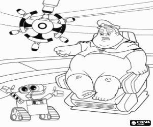 desenho de Capit�o McCrea, comandante da Axiom, Auto e Wall-E no interior da nave espacial para colorir