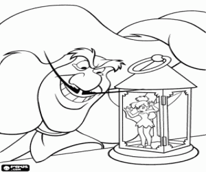 desenho de Capit�o Gancho contemplando a sua prisioneira, a fada Sisinho para colorir
