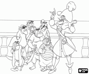 desenho de Capit�o Gancho e seus piratas sobre o conv�s do seu barco para colorir