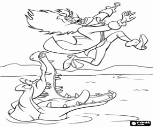 desenho de Capit�o Gancho tentando escapar das fauces do esfomeado crocodilo para colorir