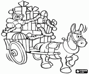 desenho de Carro�a carregada com presentes de Natal puxado por uma mula para colorir