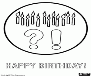 desenho de Cart�o de anivers�rio com velas e os pontos de interroga��o e exclama��o para colorir