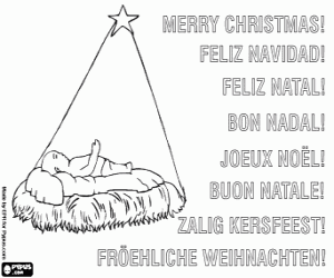 desenho de Cart�o de felicita��es de Natal com o Menino Jesus sob a estrela para colorir