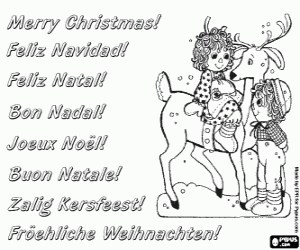 desenho de Cart�o de Natal com duas crian�as e uma rena para colorir