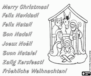 desenho de Cart�o de Natal com o nascimento de Jesus na manjedoura para colorir