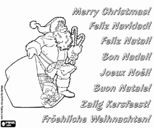 desenho de Cart�o de Natal com Papai Noel e seu saco de brinquedos para colorir