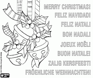 desenho de Cart�o de Natal com sinos e folhas de azevinho para colorir