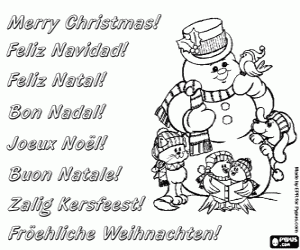 desenho de Cart�o de Natal com um boneco de neve e seus amigos animais para colorir