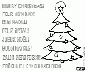 desenho de Cart�o de Natal com um pinheiro decorado com estrelas para colorir
