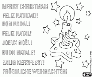 desenho de Cart�o de Natal com uma vela acesa entre as estrelas para colorir