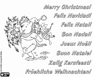 desenho de Cart�o de Natal com Ursinho Pooh ou Ursinho Puff carregando um abeto para colorir