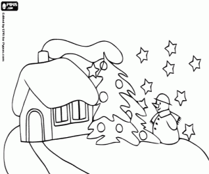 desenho de Casa com fumo na chamin� com uma �rvore de Natal e um boneco de neve sob as estrelas para colorir