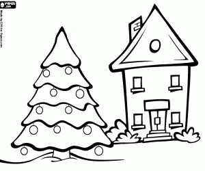 desenho de Casa com uma grande �rvore de Natal decorada no jardim para colorir