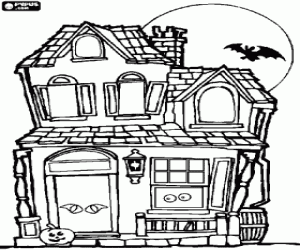 desenho de Casa encantada em Halloween - Lua cheia, morcego e ab�bora rosto para colorir