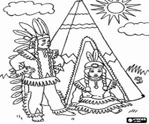 desenho de Casal indiano americano na frente de sua tenda na vila para colorir