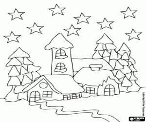 desenho de Casas no bosque nevado sob as estrelas na noite de Natal para colorir