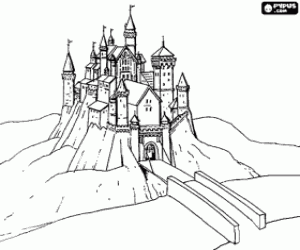 desenho de Castelo com uma ponte sobre o rio e ponte levadi�a aberta para colorir