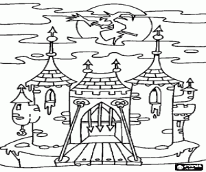 desenho de Castelo encantado na noite de Halloween com a bruxa voando em sua vassoura m�gica para colorir