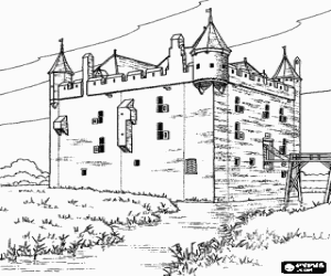 desenho de Castelo ou torre fortificada cercada por um rio e com acesso por uma ponte levadi�a para colorir