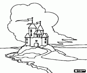 desenho de Castelo sobre uma colina com bandeiras voando no alto das torres para colorir