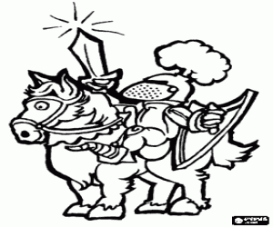 desenho de Cavaleiro com a espada erguida em seu cavalo para colorir