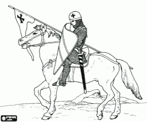 desenho de Cavaleiro com capacete, malha de a�o, escudo, espada e lan�a portador para colorir