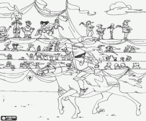 desenho de Cavaleiro com sua lan�a montada sobre o cavalo participando num torneio com o p�blico tendo para colorir
