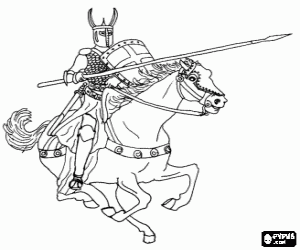 desenho de Cavaleiro lan�ando um ataque r�pido contra o inimigo com a lan�a, a cavalo para colorir