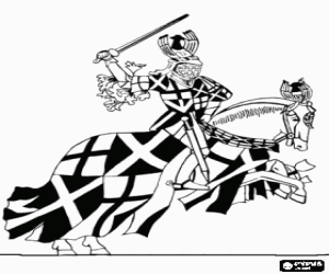 desenho de Cavaleiro medieval com capacete cavalgando um cavalo participando em uma luta com espada na m�o para colorir