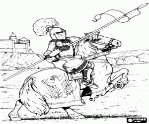 desenho de Cavaleiro na armadura de a�o e tecido capacete com a lan�a na m�o sobre um cavalo perto de um castelo  para colorir