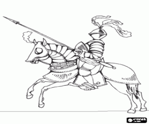 desenho de Cavaleiro na armadura e com sua lan�a pronta montado em seu cavalo tamb�m protegido com armadura para colorir