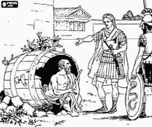 desenho de Cena da conversa entre o fil�sofo grego Di�genes de Sinope, no seu barril, e Alexandre o Grande, acompanhado de um soldado nas ruas de Atenas para colorir