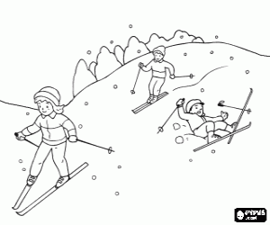 desenho de Cena t�pica do inverno com as crian�as esquiam na montanha para colorir
