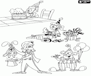 desenho de Cenas t�picas duma festa de anivers�rio: um menino soprando as velas, uma menina com seus presentes, um m�gico puxando um coelho de uma cartola e um palha�o muito engra�ado para colorir