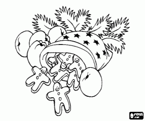 desenho de Chap�u com estrelas cheio de biscoitos de gengibre em forma de boneca, ma��s e folhas de pinheiro para colorir