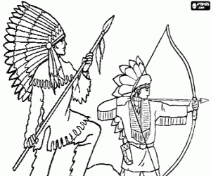 desenho de Chefe �ndio com uma lan�a olhando um outro indiano tirando uma flecha com o arco para colorir