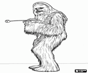 desenho de Chewbacca, o grande e peludo wookiee, apontando com a sua arma para colorir