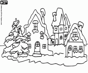 desenho de Cidade completamente nevada durante os dias do Natal para colorir